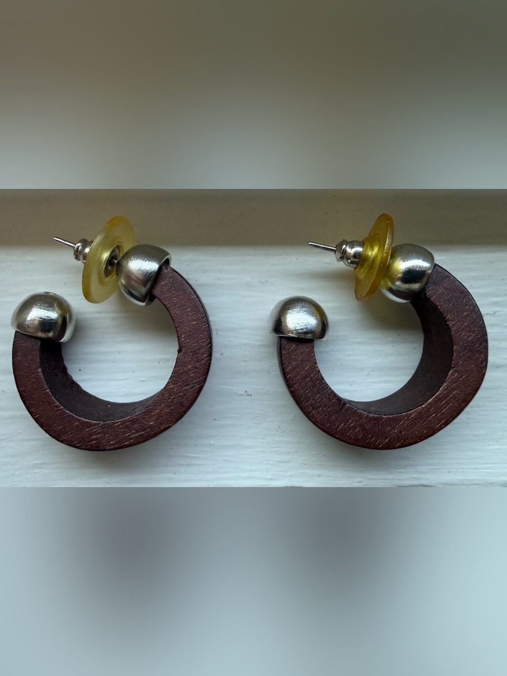 Dark Brown Wooden Hoop Earrings with Silver Accent